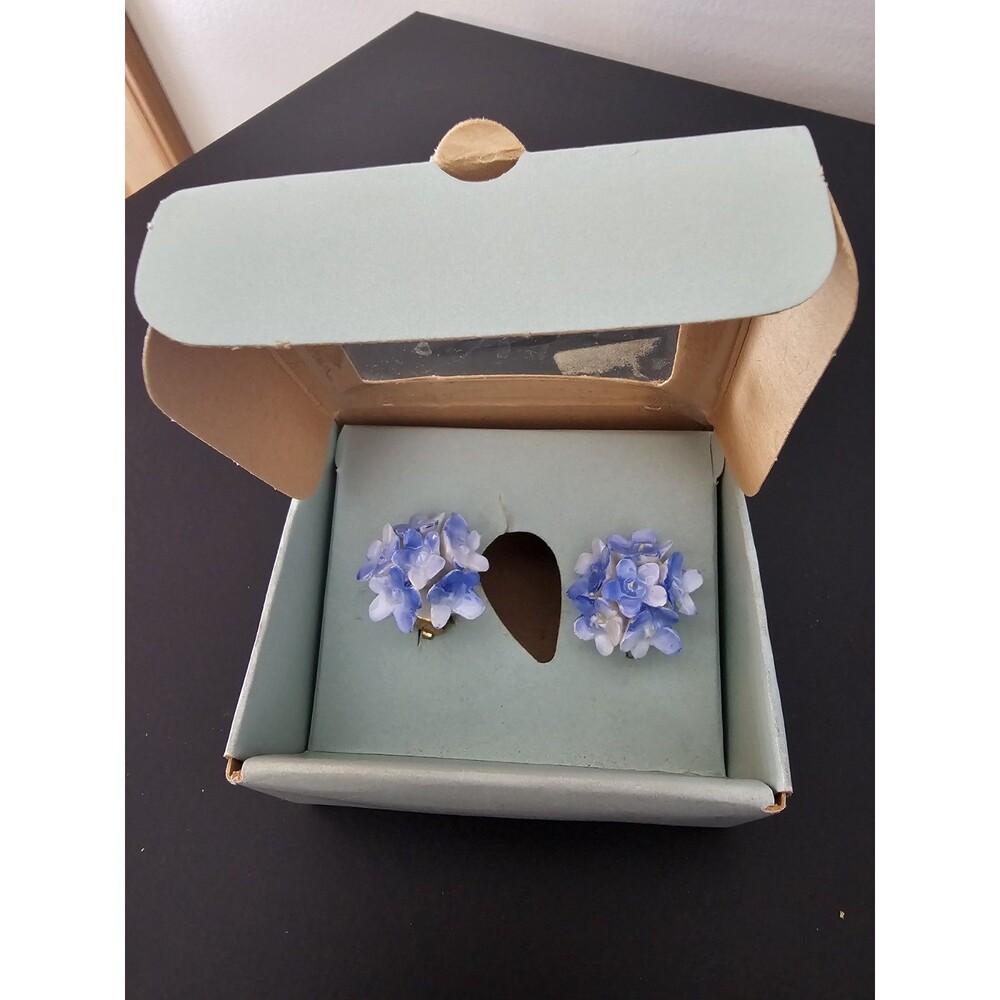 Royal Adderley Blue White Yellow Porcelain Floral Clip Earrings W/ Box